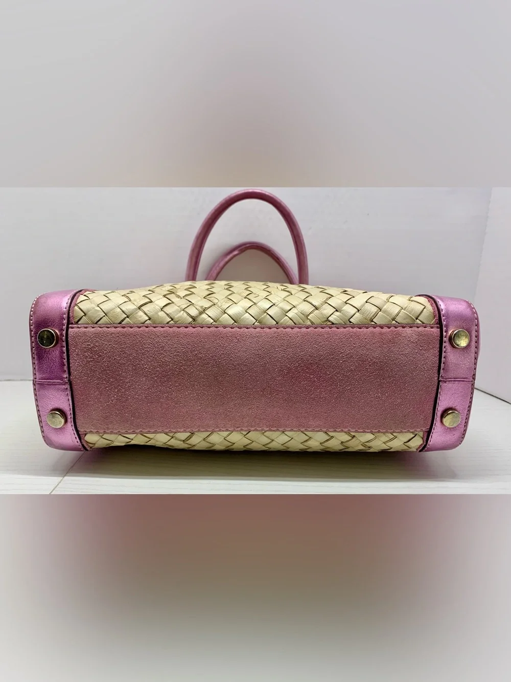 Coach Vintage 2004 Hamptons Pink Metallic Leather, Suede & Straw Tote,